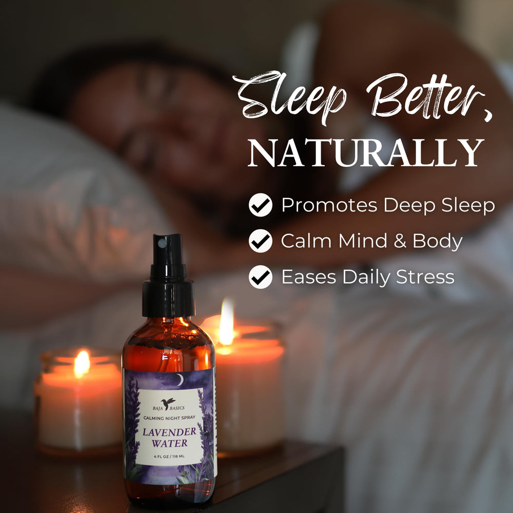 Baja Basics lavender pillow mist on sheets promotes easier sleep.