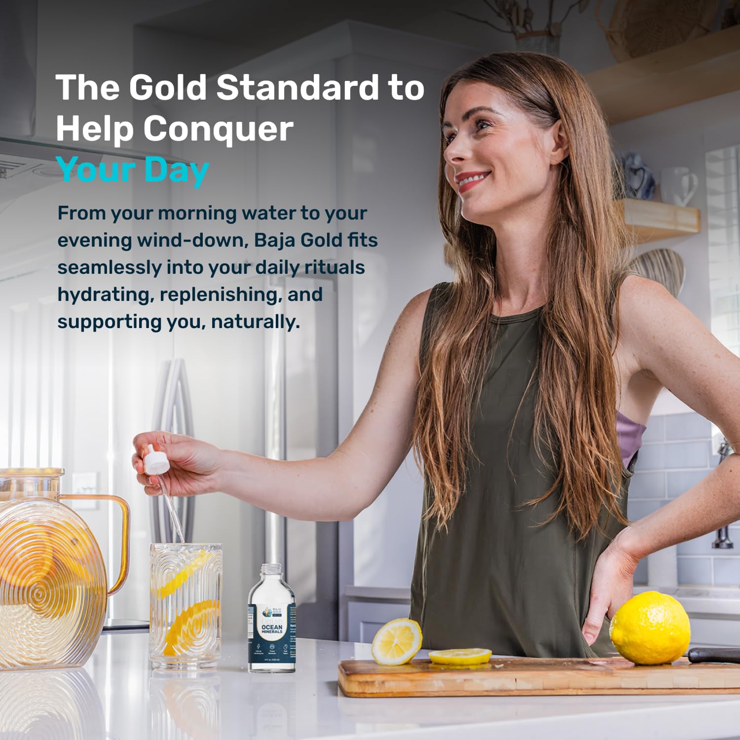 Baja Gold liquid minerals stirred into juice for convenient intake.