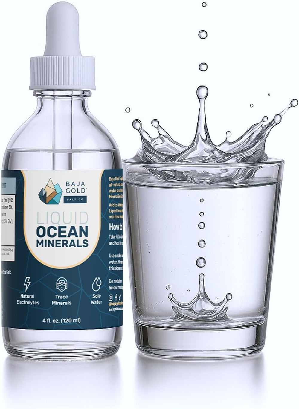 Baja Gold Liquid Ocean Mineral Drops bottle on kitchen counter for hydration and flavor.