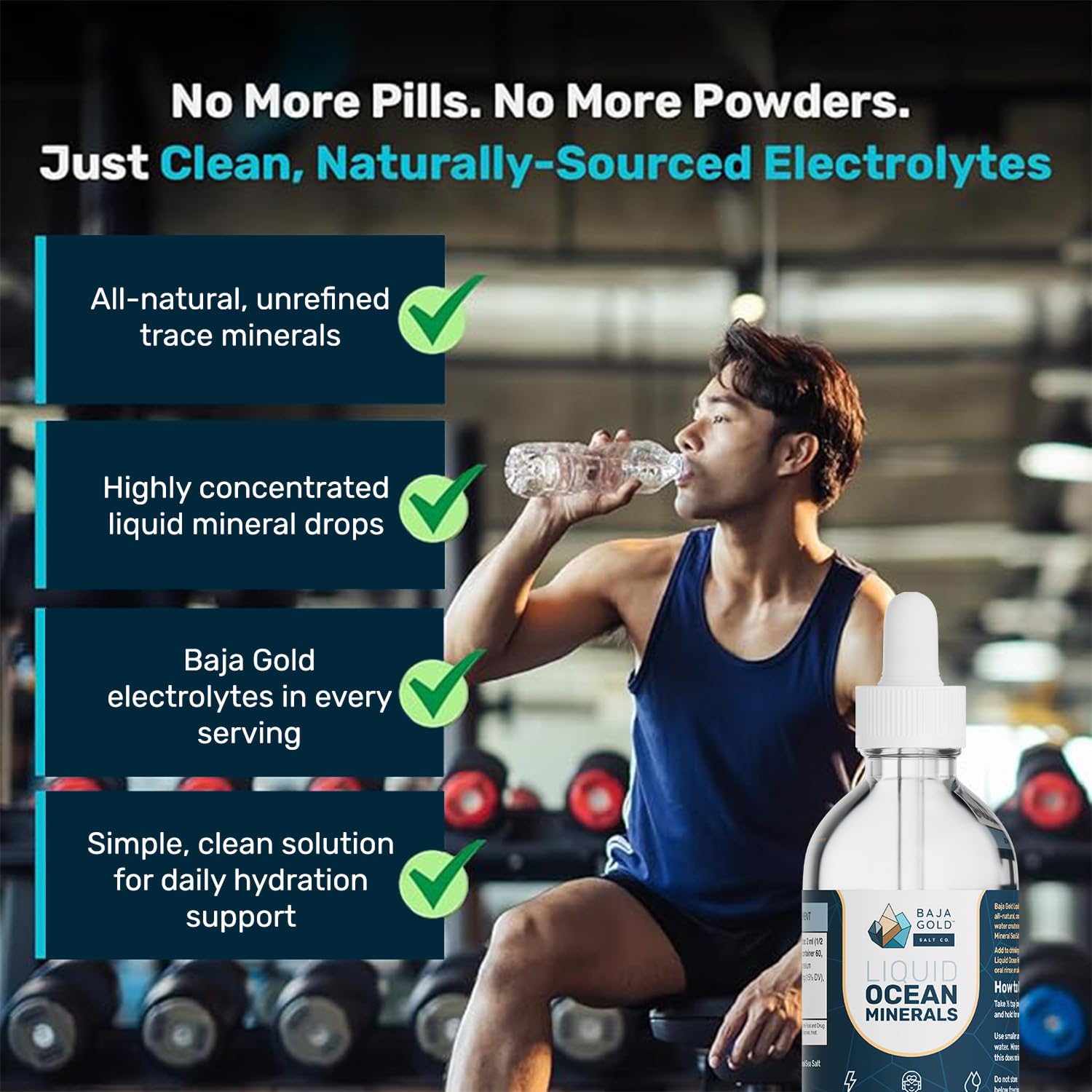 Baja Gold drops stirred into water indicating easy daily use.