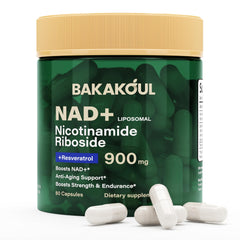 BAKAKOUL NAD bottle front view showing 80 capsules for daily NAD+ support