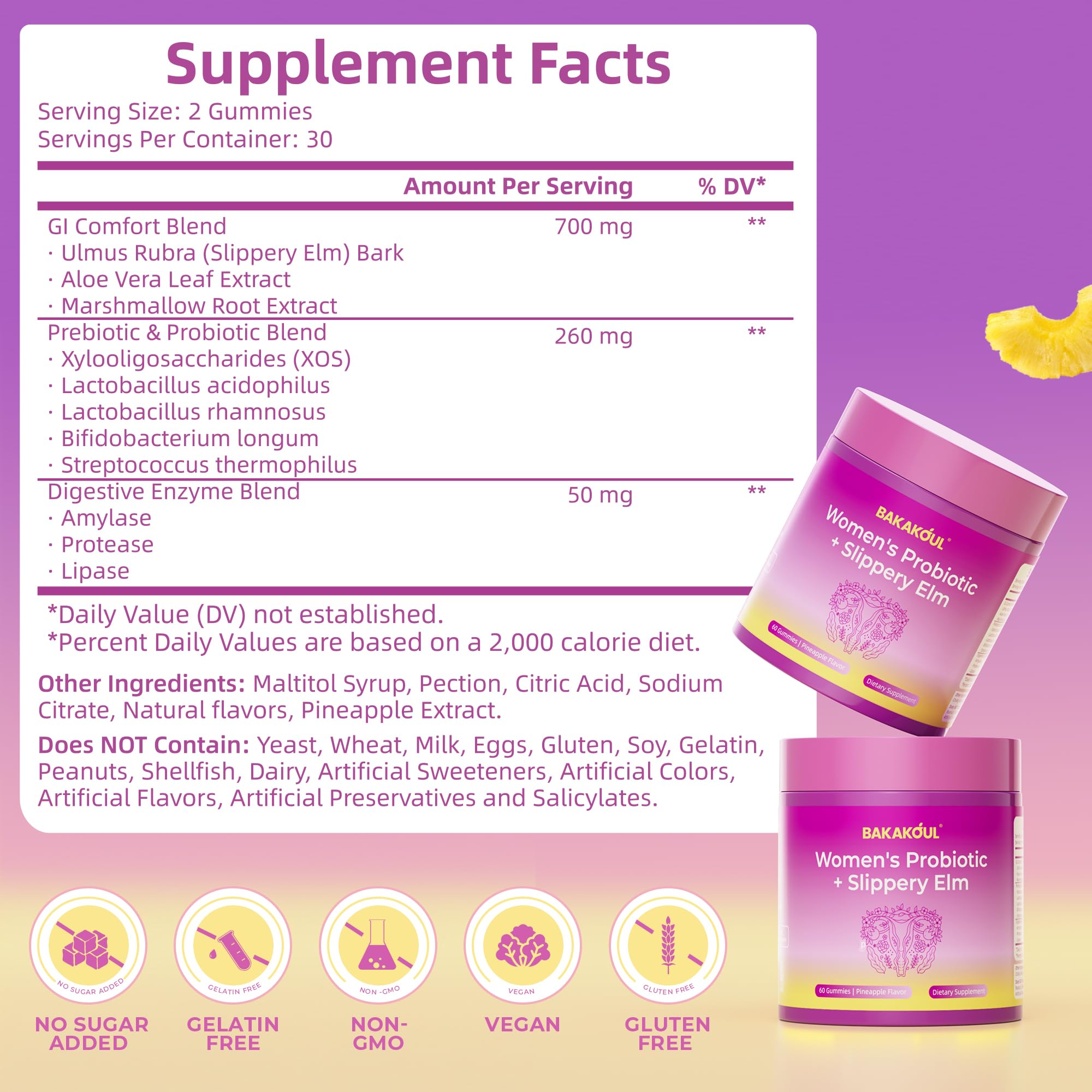BAKAKOUL pineapple-flavored gummies closeup highlights tasty, easy daily intake.