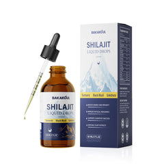 BAKAKOUL Shilajit liquid drops bottle shows pure Himalayan resin for daily energy support.