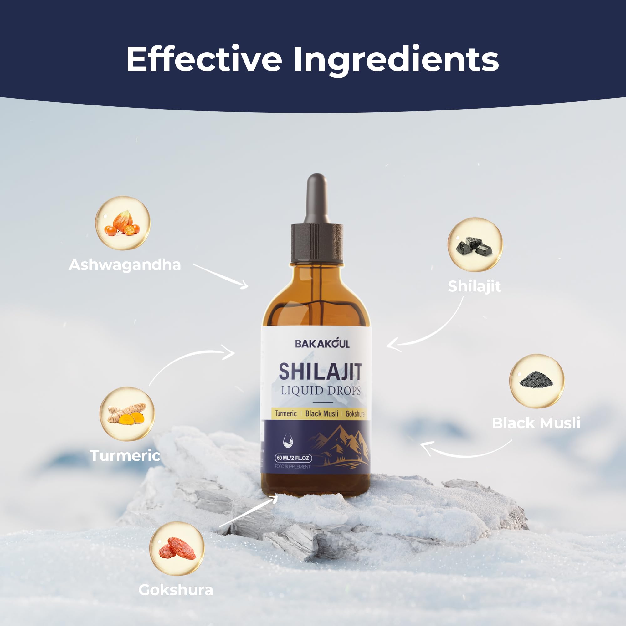 BAKAKOUL Shilajit liquid drops with glass of water for simple mixing routines.