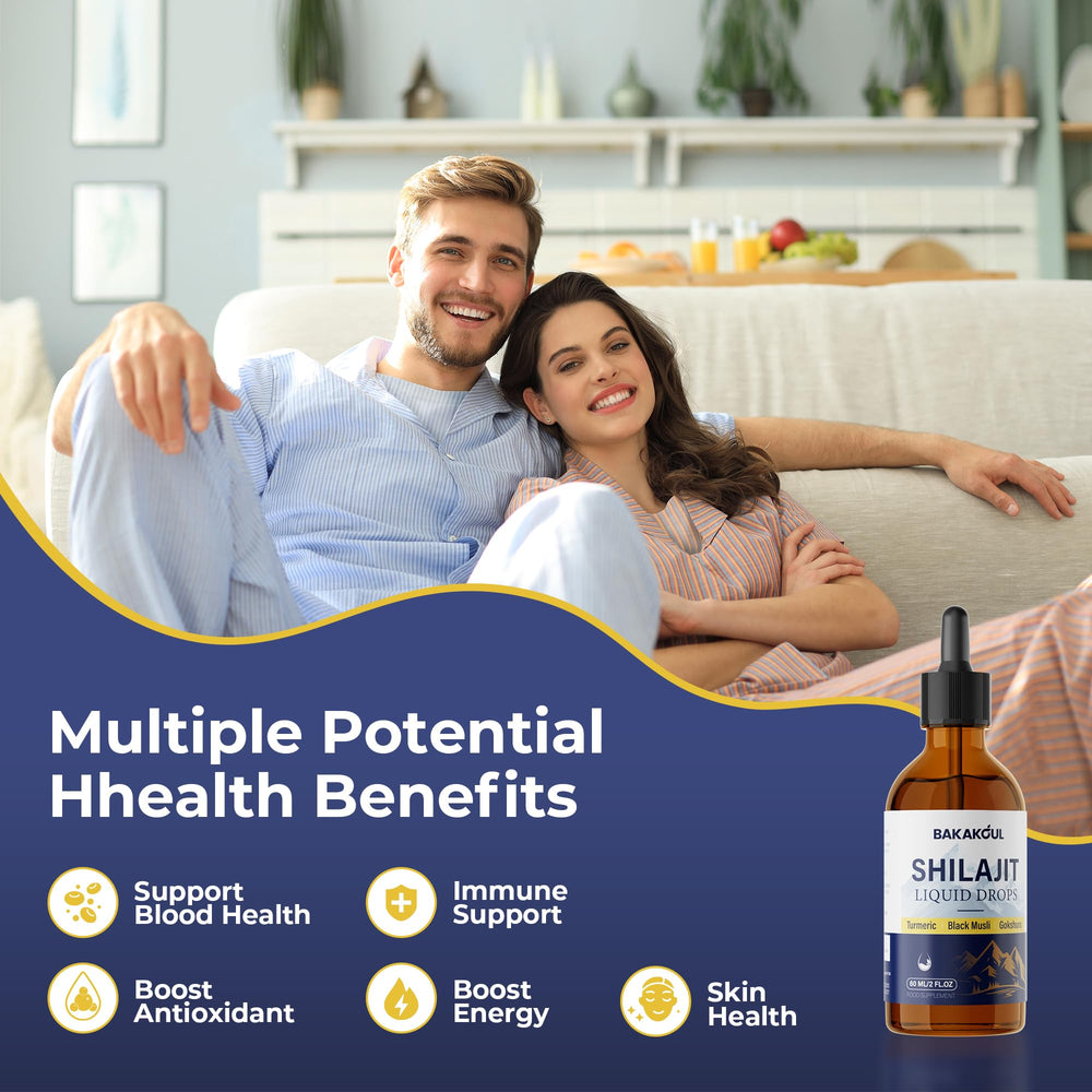 BAKAKOUL Shilajit liquid drops ingredient panel highlights Ashwagandha, Turmeric, Black Musli.