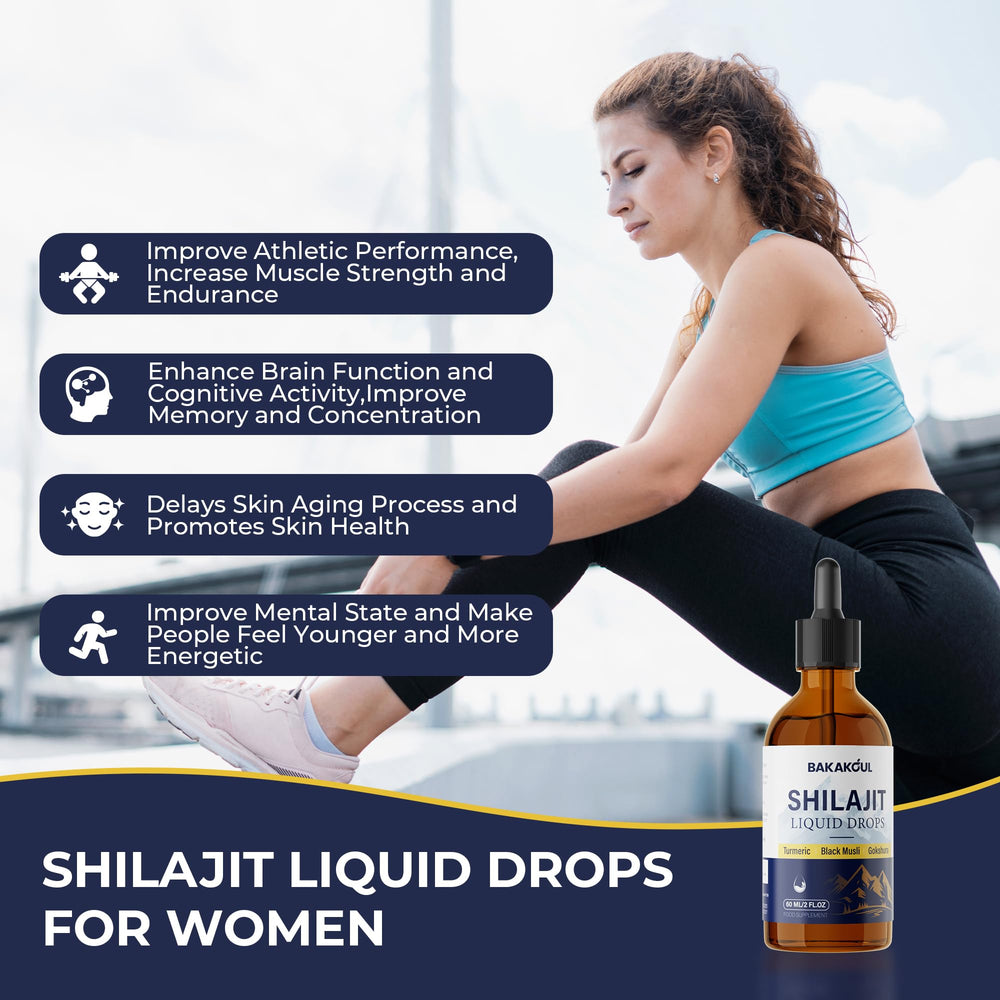 BAKAKOUL Shilajit liquid drops packaging emphasizes sugar-free formula and 4-pack convenience.
