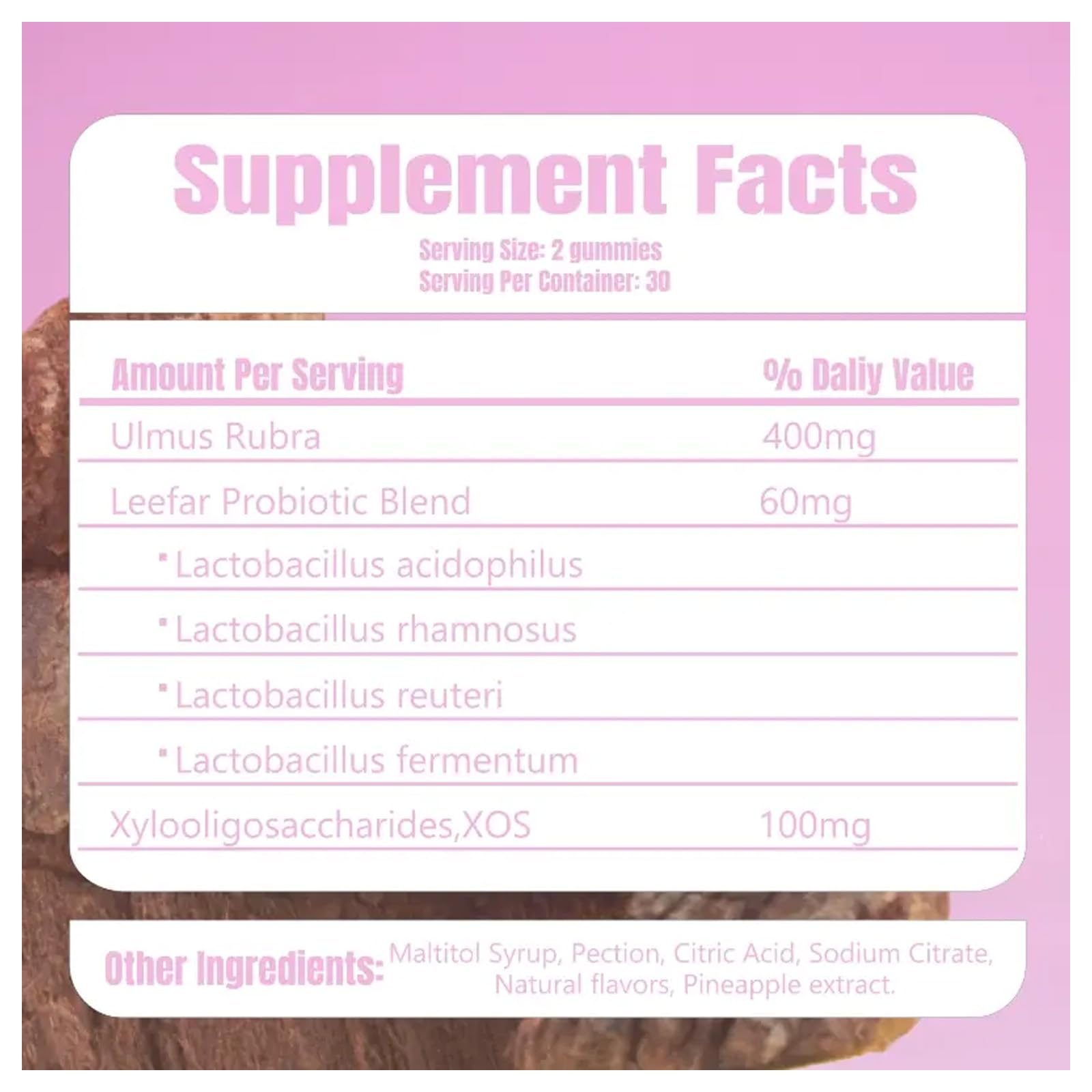 Bakong Her Juicy Feminine Gummies close-up shows pineapple flavor and probiotic blend for gut health.