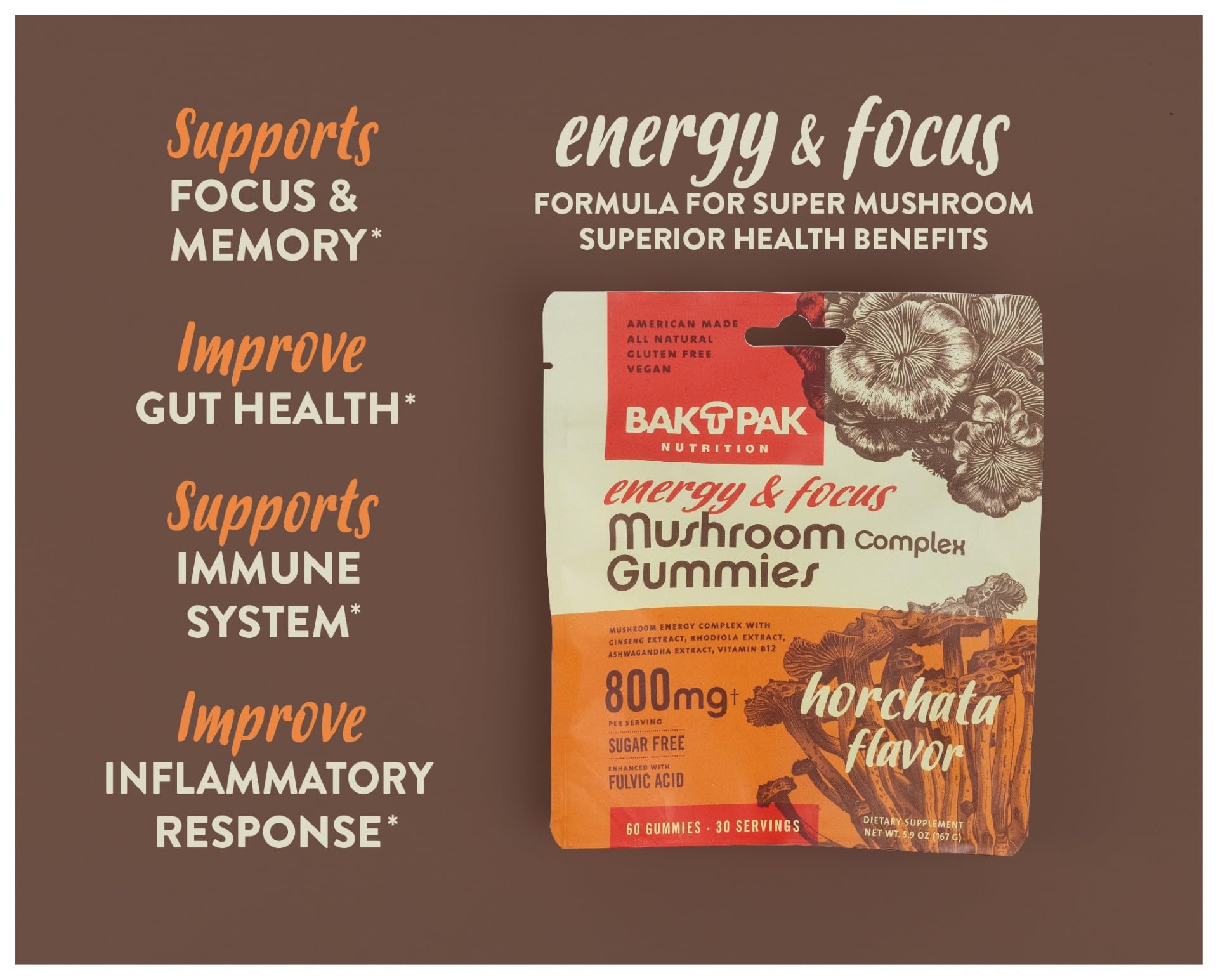 Bak Pak Mushroom Energy & Focus Gummies close-up texture with chewy gummies and color