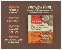 Bak Pak Mushroom Energy & Focus Gummies close-up texture with chewy gummies and color