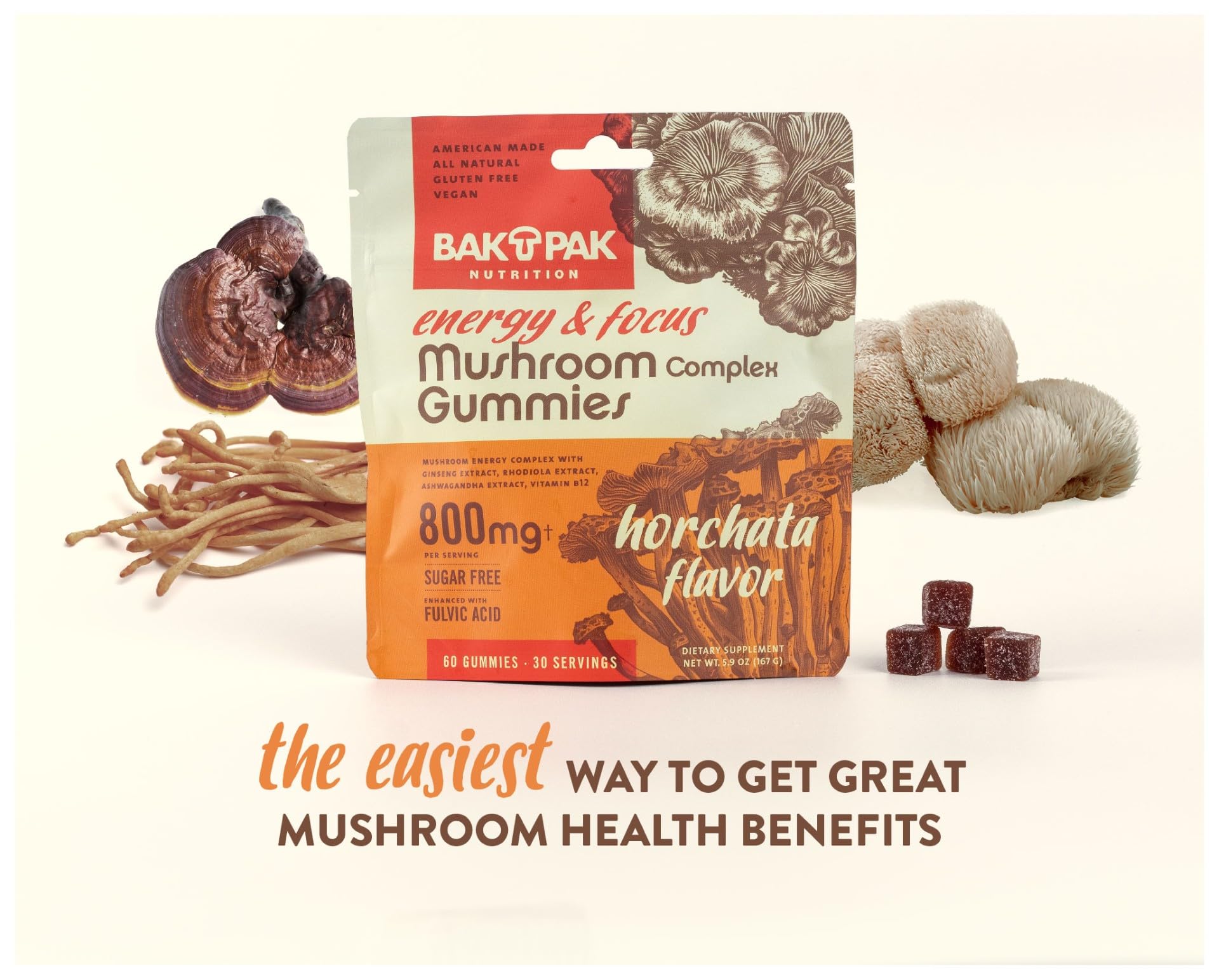 Bak Pak Mushroom Energy & Focus Gummies horchata flavor capturing refreshing daily use