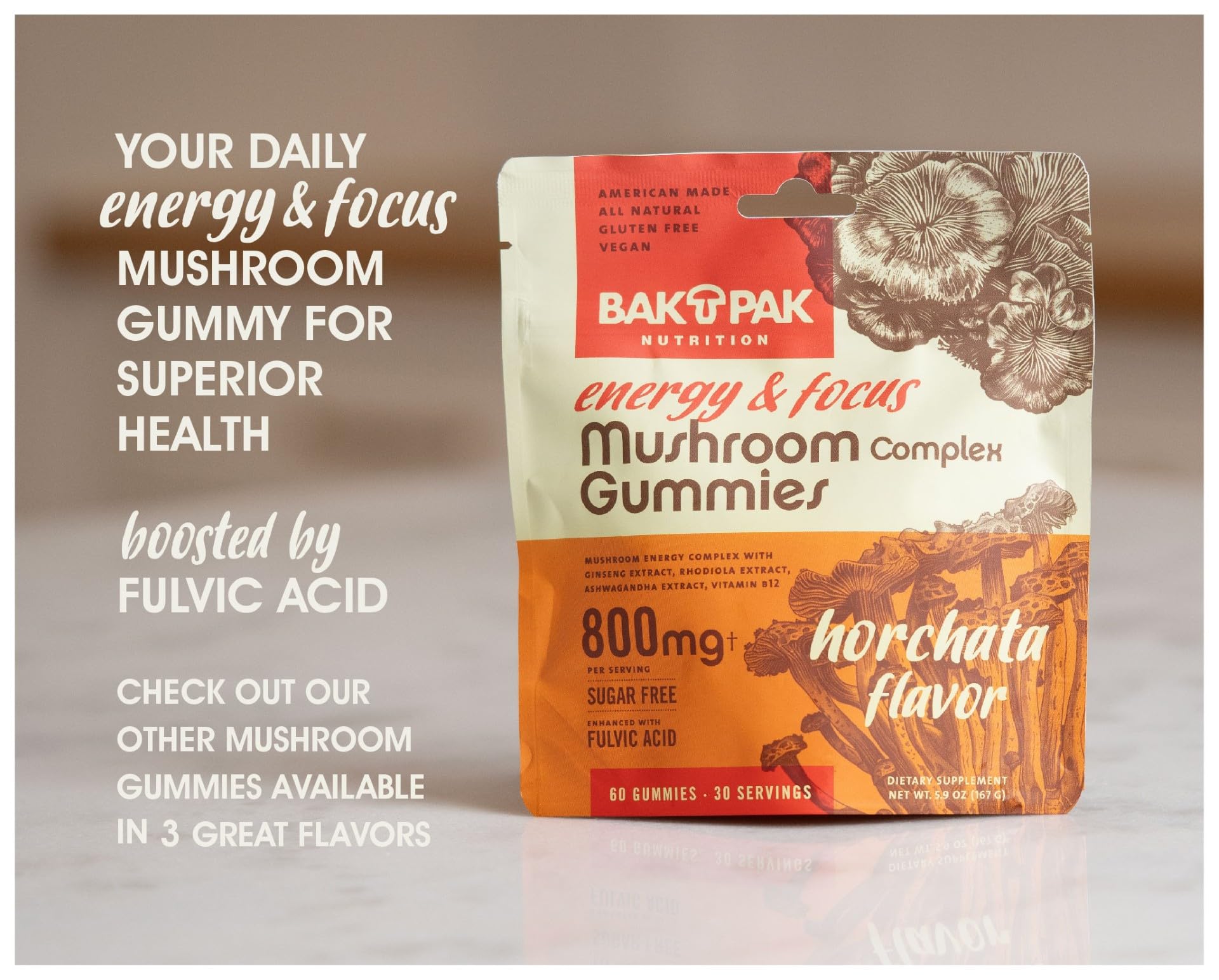 Bak Pak Mushroom Energy & Focus Gummies ingredients panel emphasizing vegan, gluten-free, and sugar-free benefits