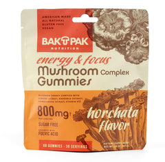 Bak Pak Mushroom Energy & Focus Gummies pack showing vegan, sugar-free energy option for daily use