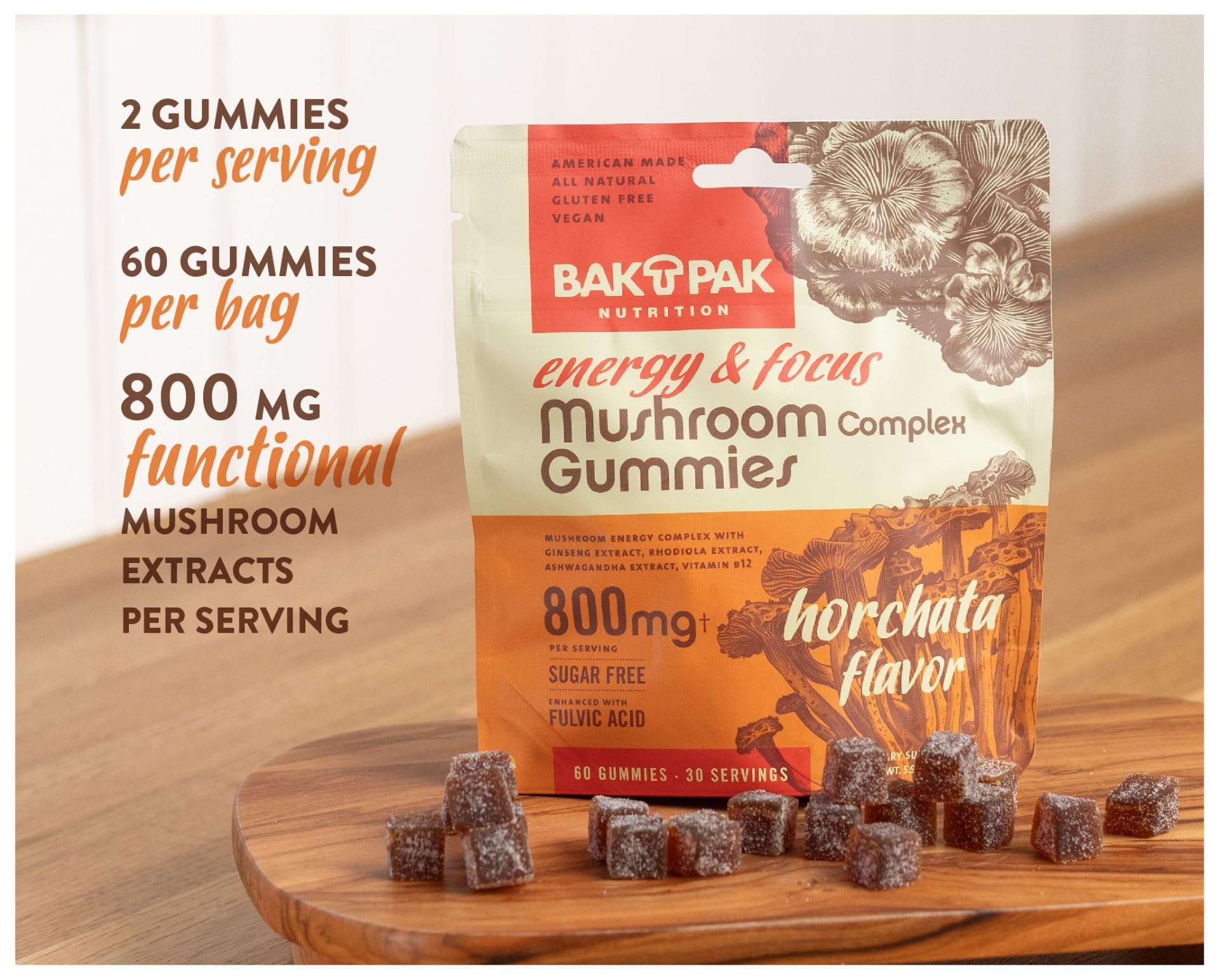 Bak Pak Mushroom Energy & Focus Gummies serving shot for daily supplement and focus