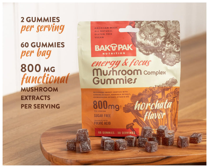 Bak Pak Mushroom Energy & Focus Gummies serving shot for daily supplement and focus