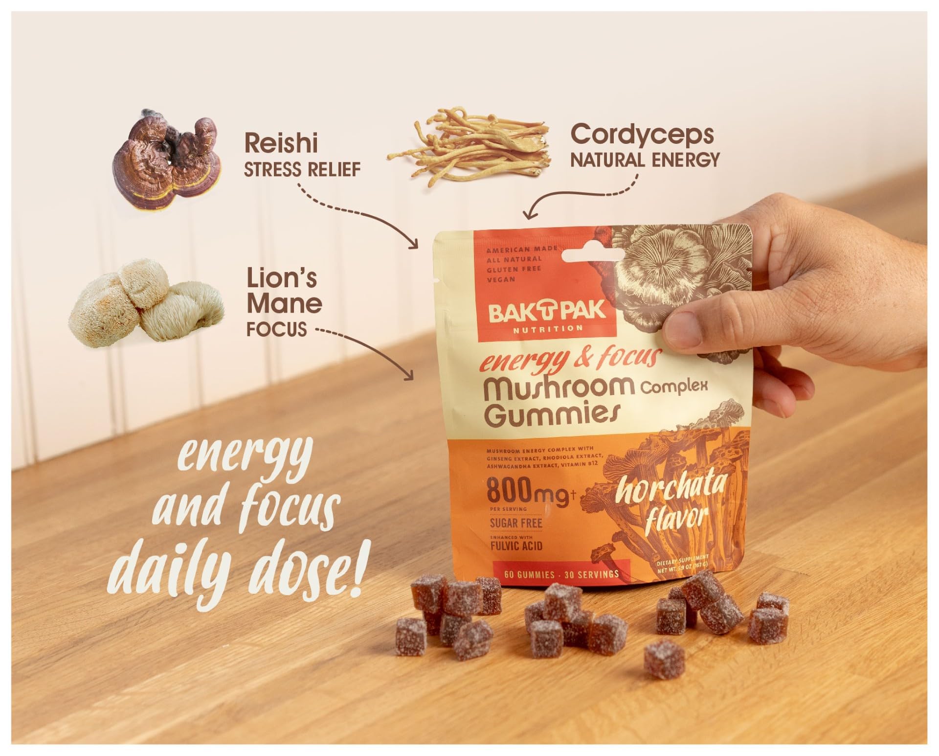 Bak Pak Mushroom Energy & Focus Gummies on table illustrating portability for busy days