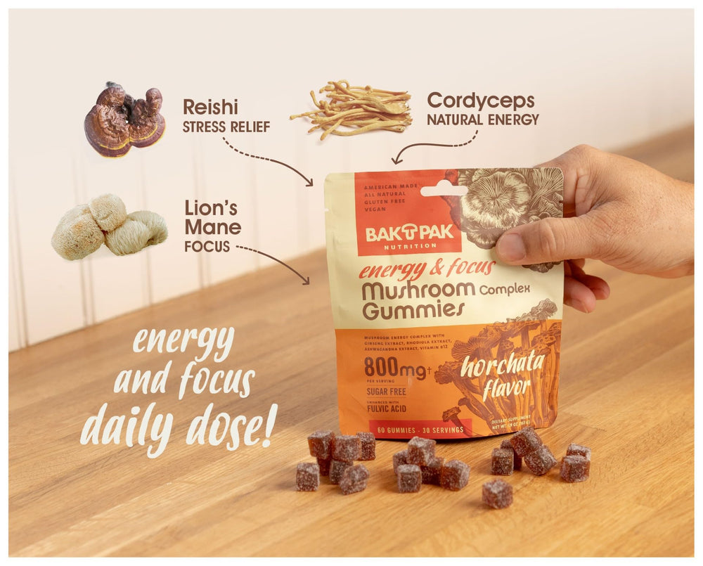 Bak Pak Mushroom Energy & Focus Gummies on table illustrating portability for busy days