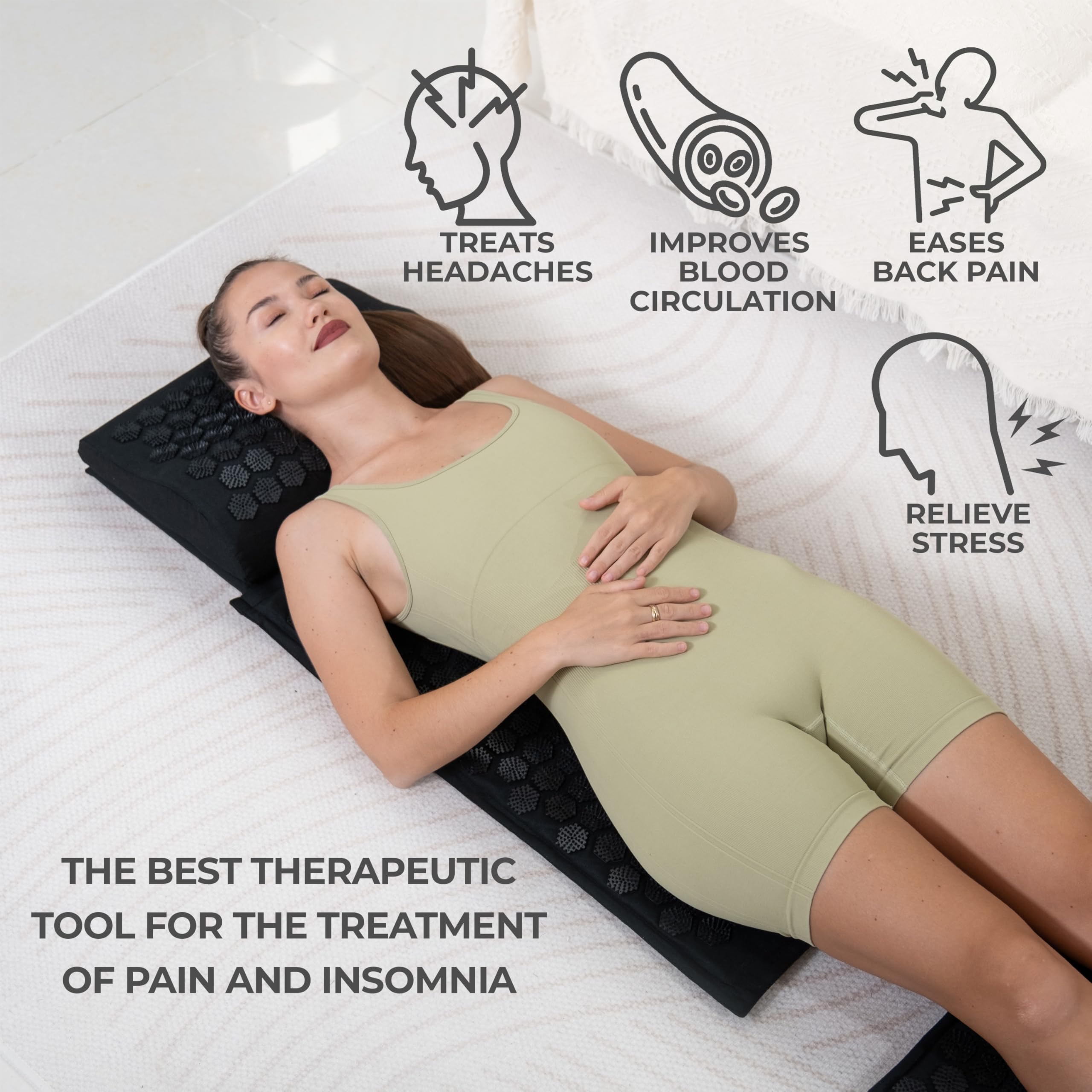 Balance Mate acupressure mat close-up points show dense spikes for neck and back stimulation.