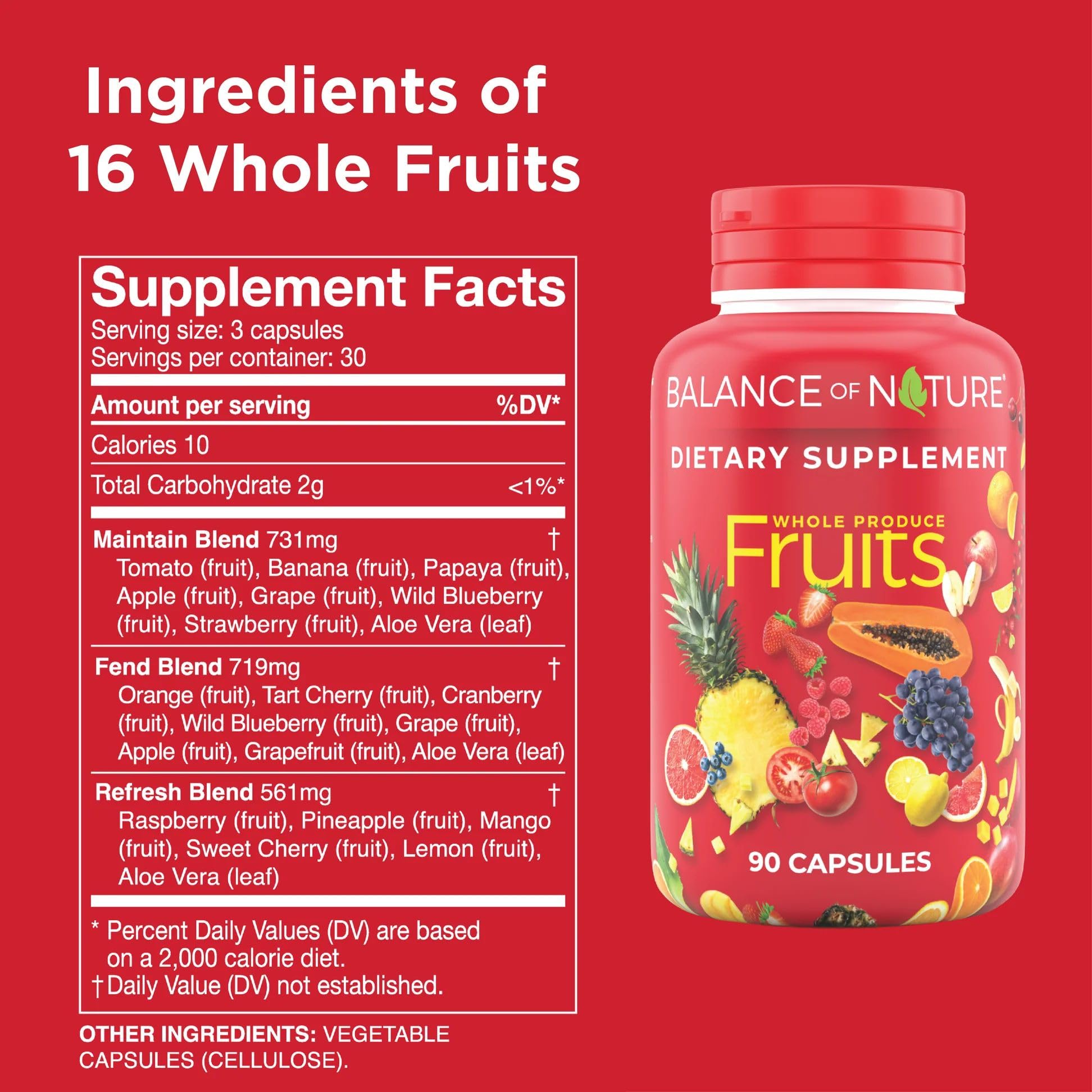Close-up of Balance of Nature Fruits bottle highlights clean, vegan ingredients.