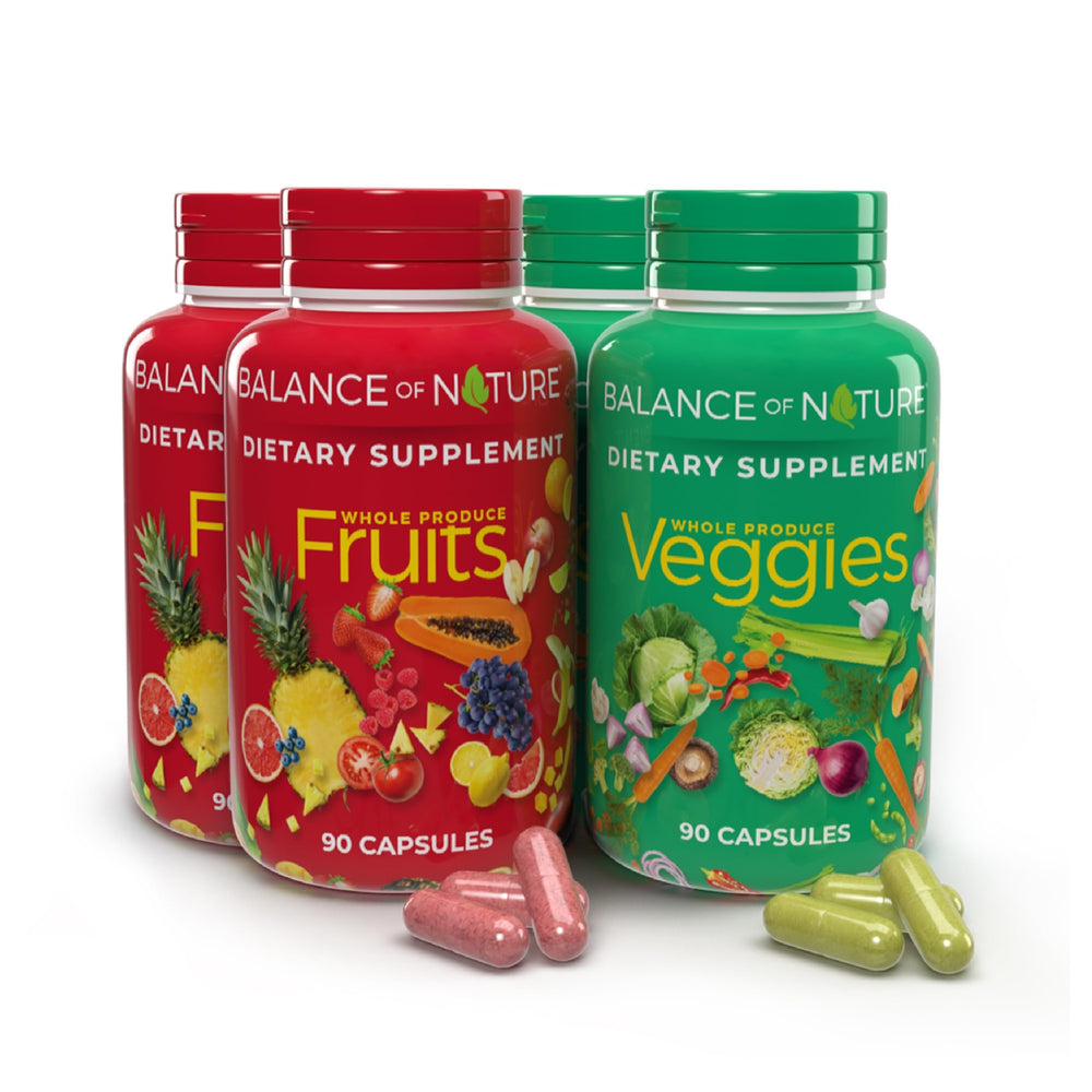 Balance of Nature Fruits bottle label showcasing vegan, fruit-based blend for daily nutrition