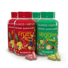 Balance of Nature Fruits bottle label showcasing vegan, fruit-based blend for daily nutrition