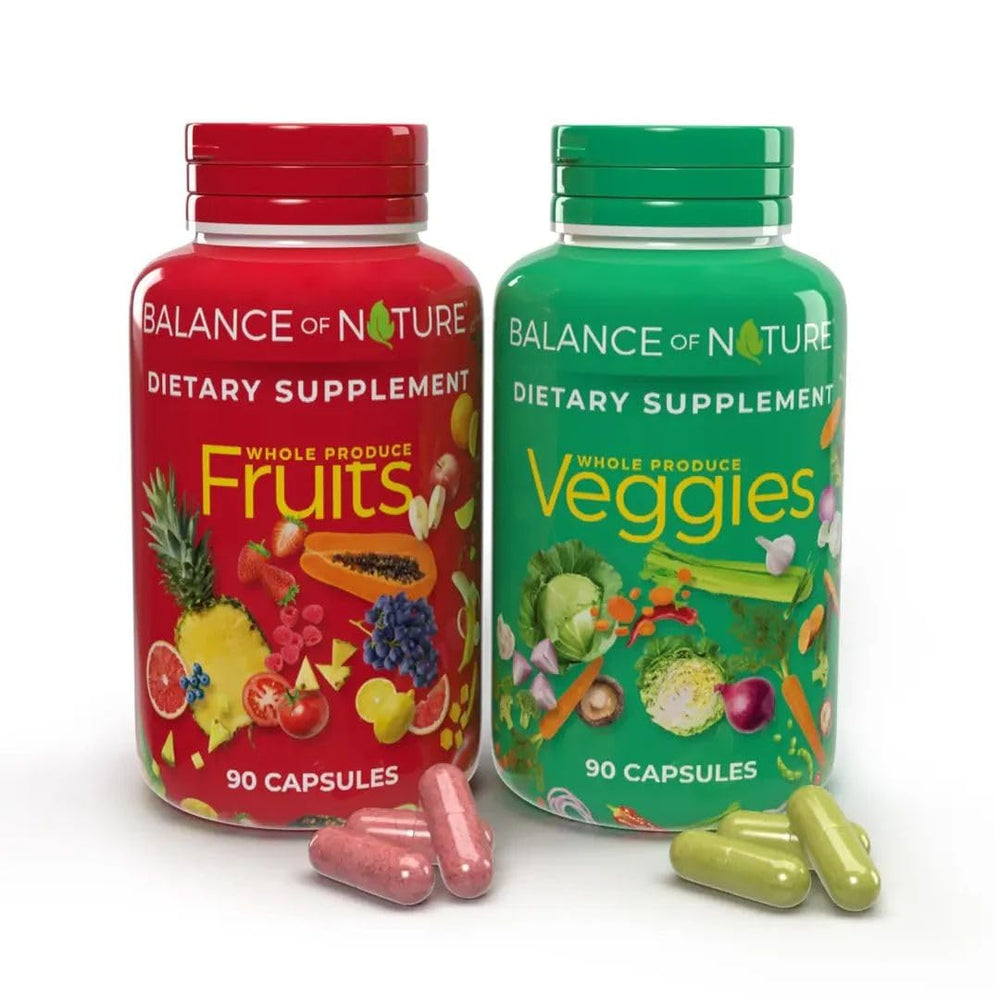 Balance of Nature Fruits bottle pour shows natural ingredients for daily wellness.