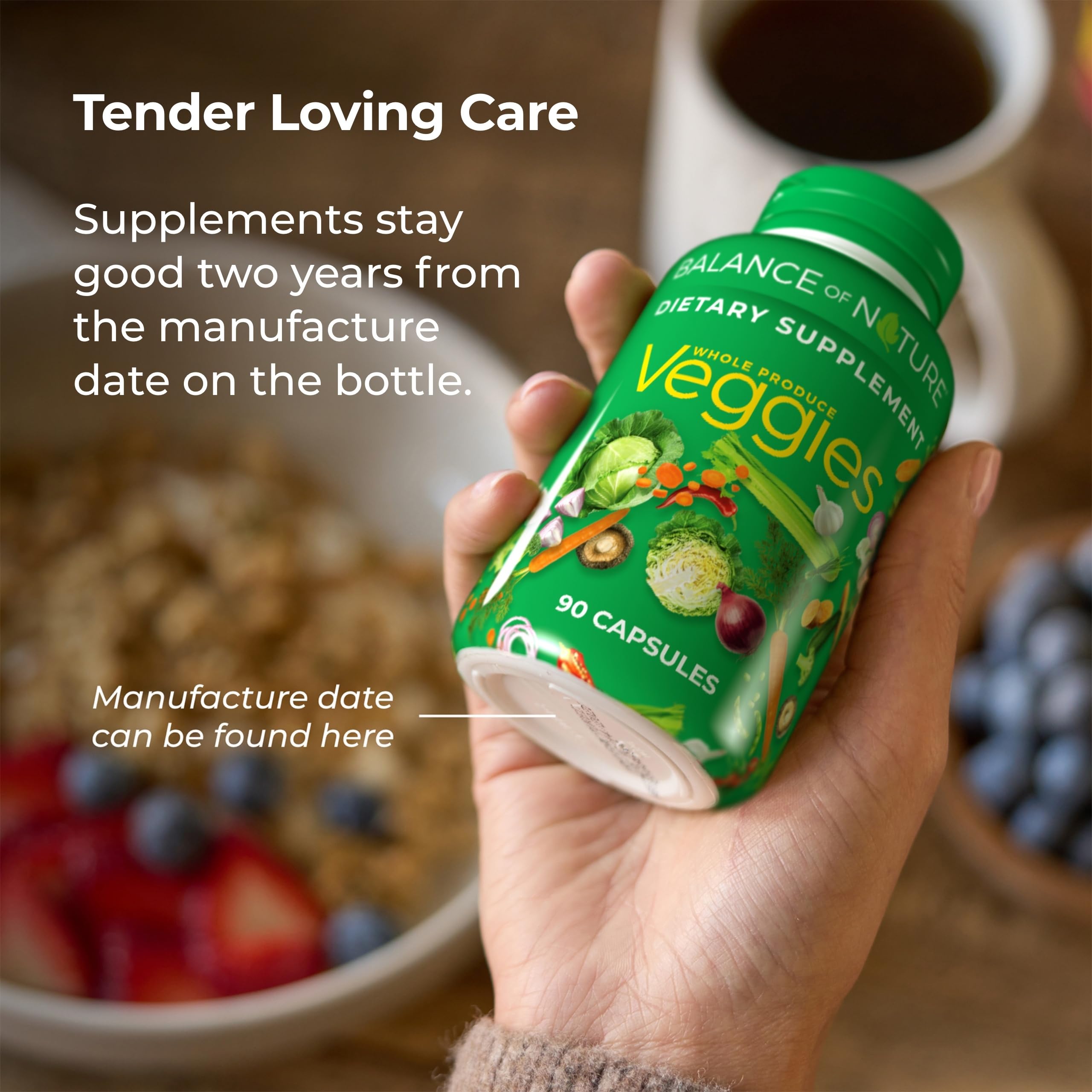 Close-up of Balance of Nature Veggies capsules with bright greens for balanced meals