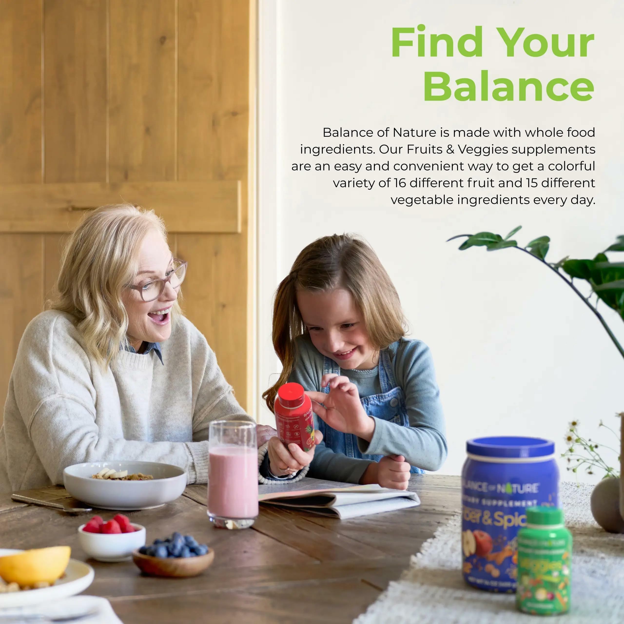 Balance of Nature Veggies capsules pouring with broccoli and carrot blend for daily intake