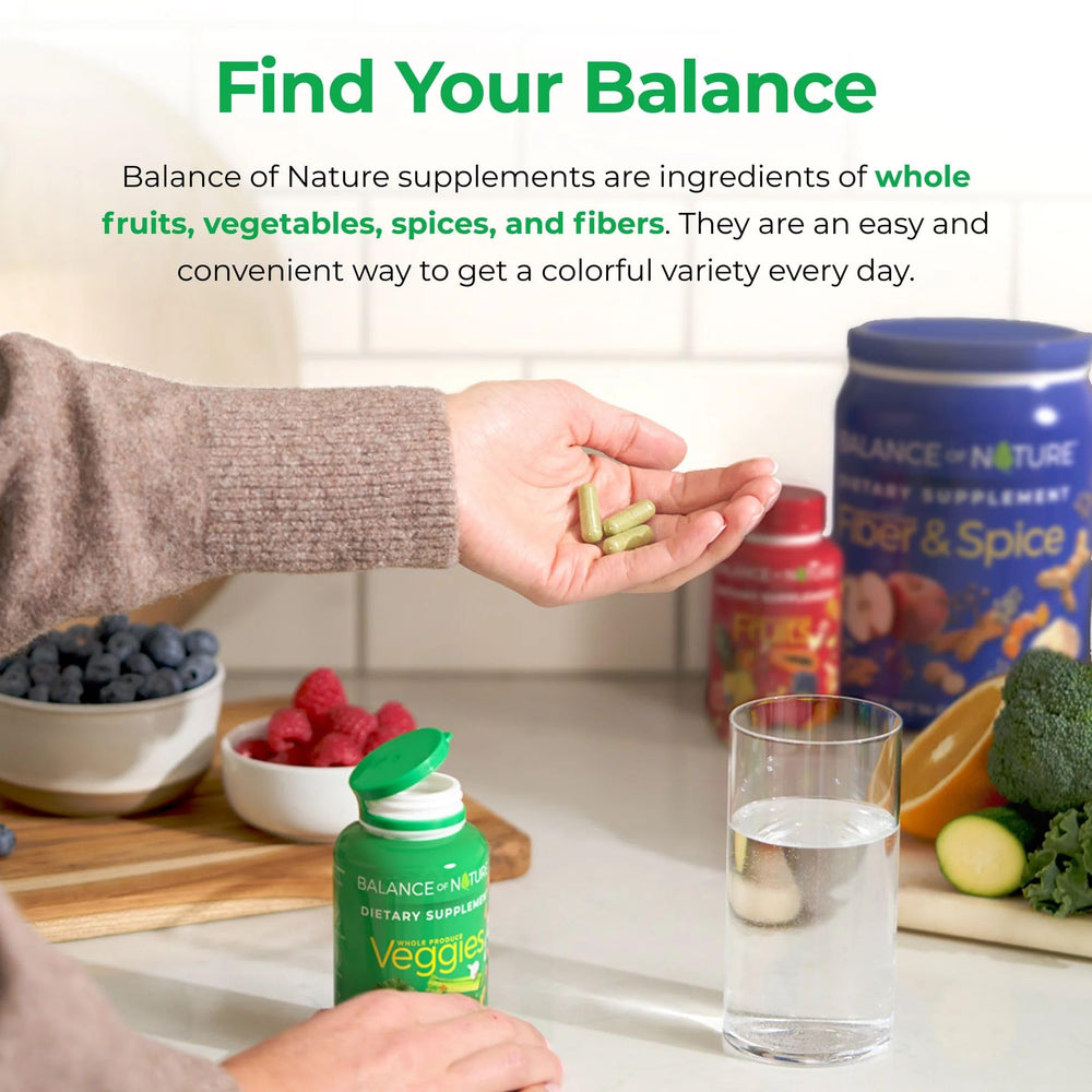 Balance of Nature Veggies capsules arranged for on-the-go use