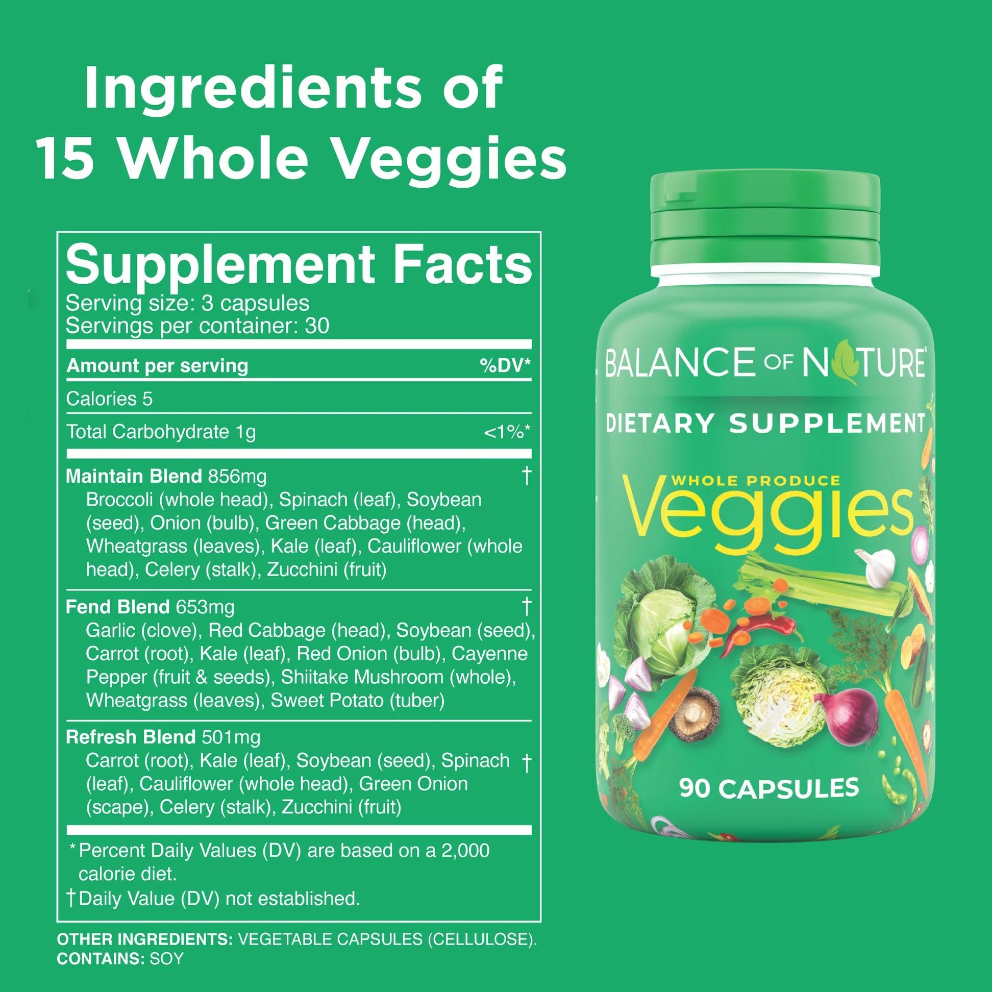 Balance of Nature Veggies ingredients panel highlighting broccoli, cabbage, and carrots
