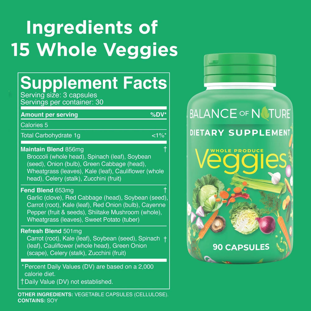 Balance of Nature Veggies ingredients panel highlighting broccoli, cabbage, and carrots