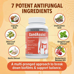 Balance ONE CandAssist capsules-closeup highlights delayed-release capsules for targeted digestion.
