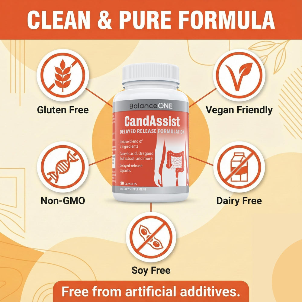 Balance ONE CandAssist undecylenic-acid label detail shows natural ingredient blend for daily use.