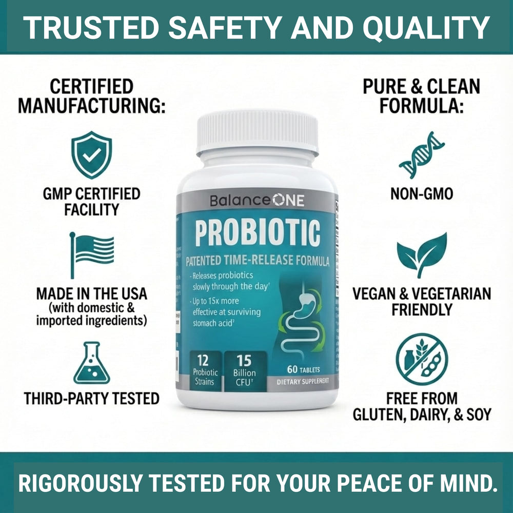 Balance ONE probiotic made in the USA under GMP standards.