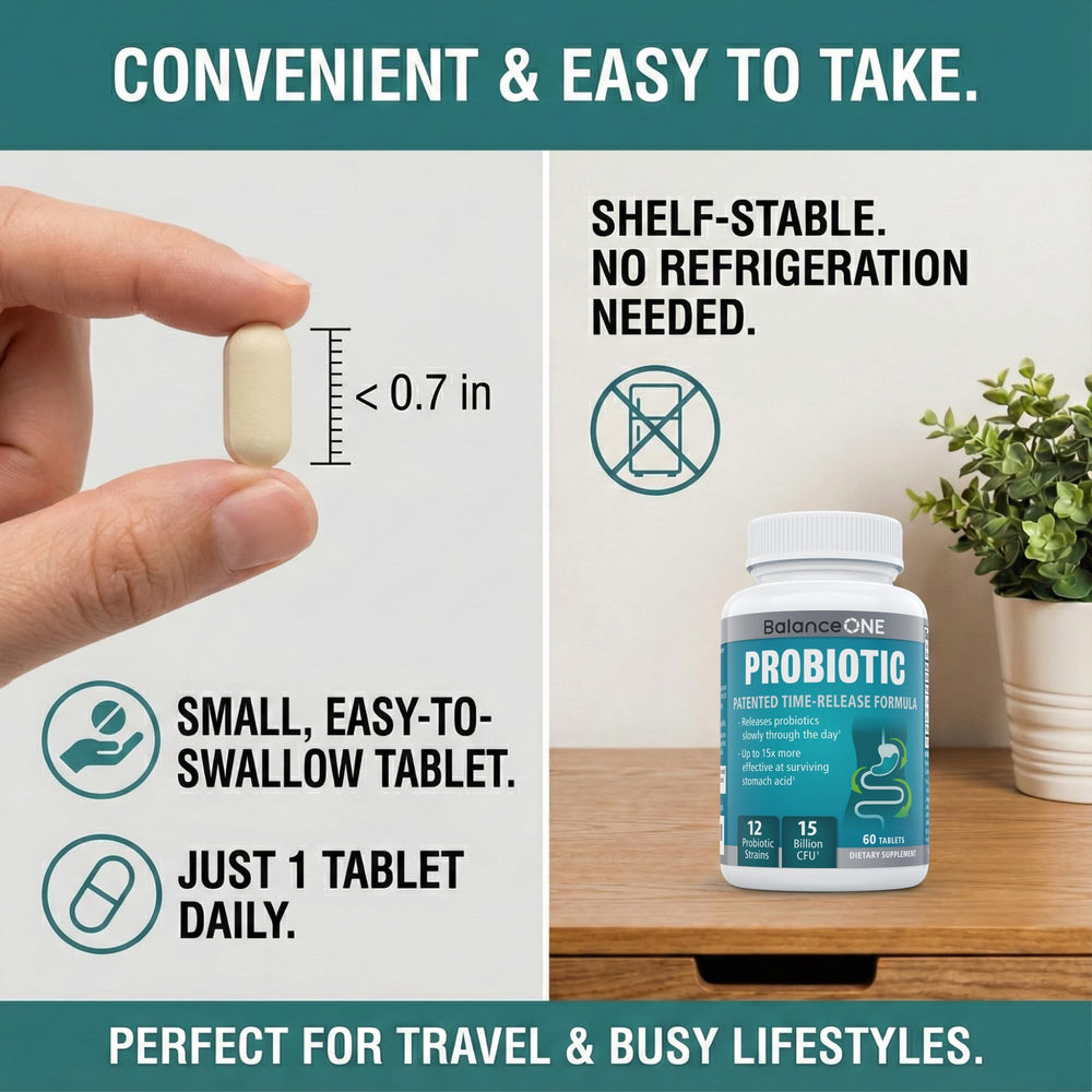 Balance ONE probiotic two-month supply fits easy daily routine.