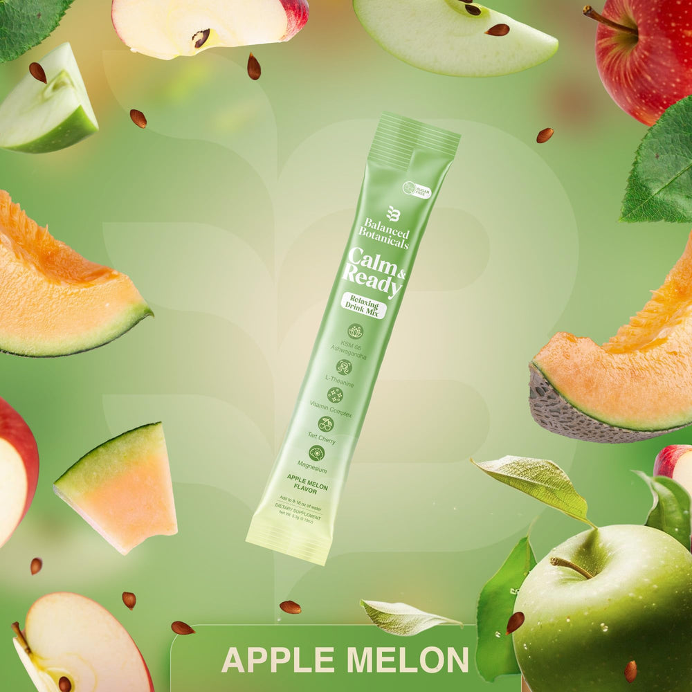 Balanced Botanicals Calm and Ready Apple Melon dissolving in water for easy relaxation.
