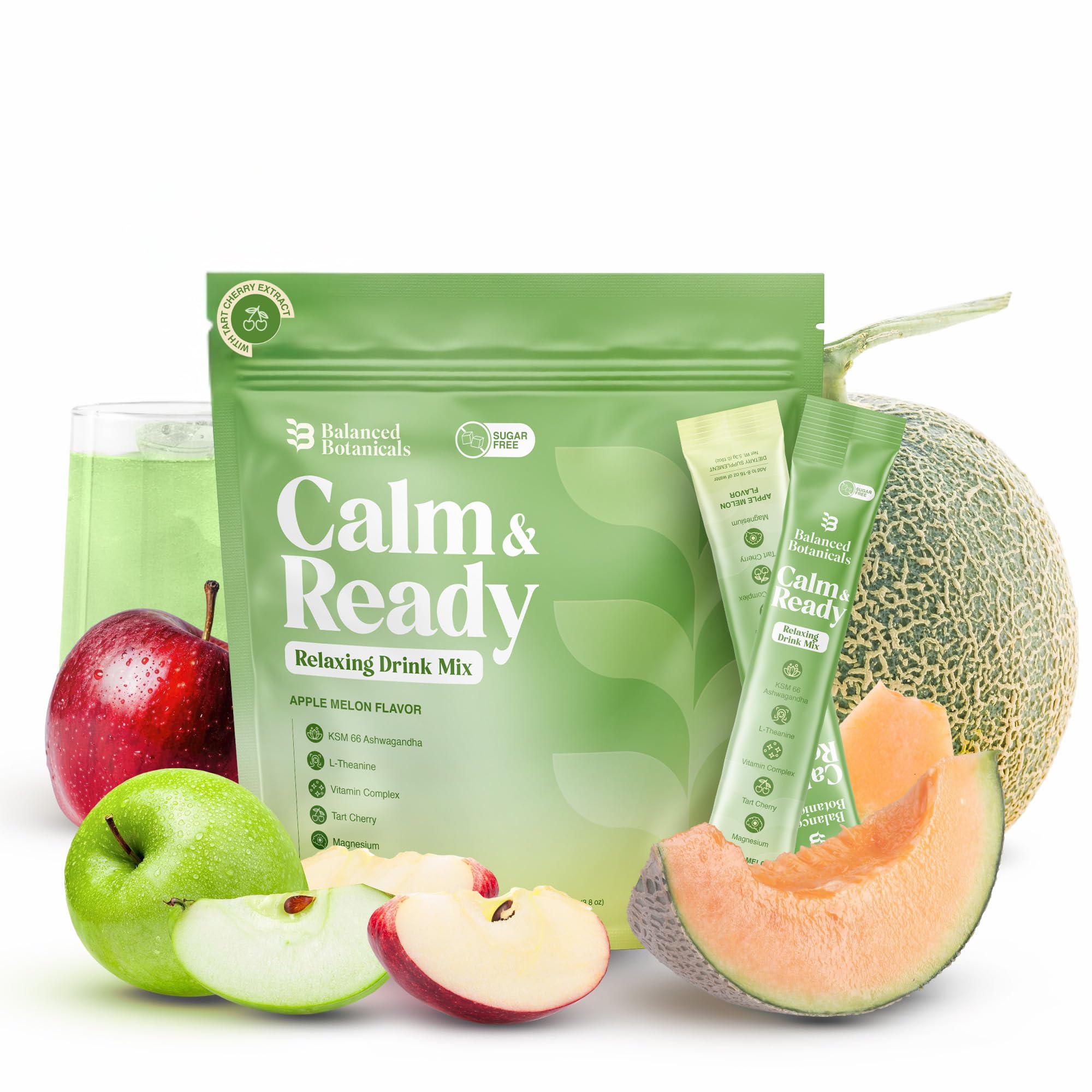 Balanced Botanicals Calm and Ready Apple Melon packet ready to mix for a calming routine.