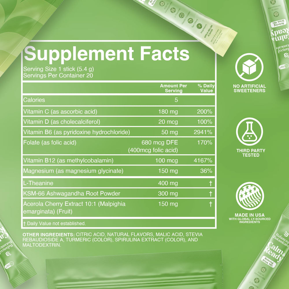 Balanced Botanicals Calm and Ready GMP facility label signaling quality.