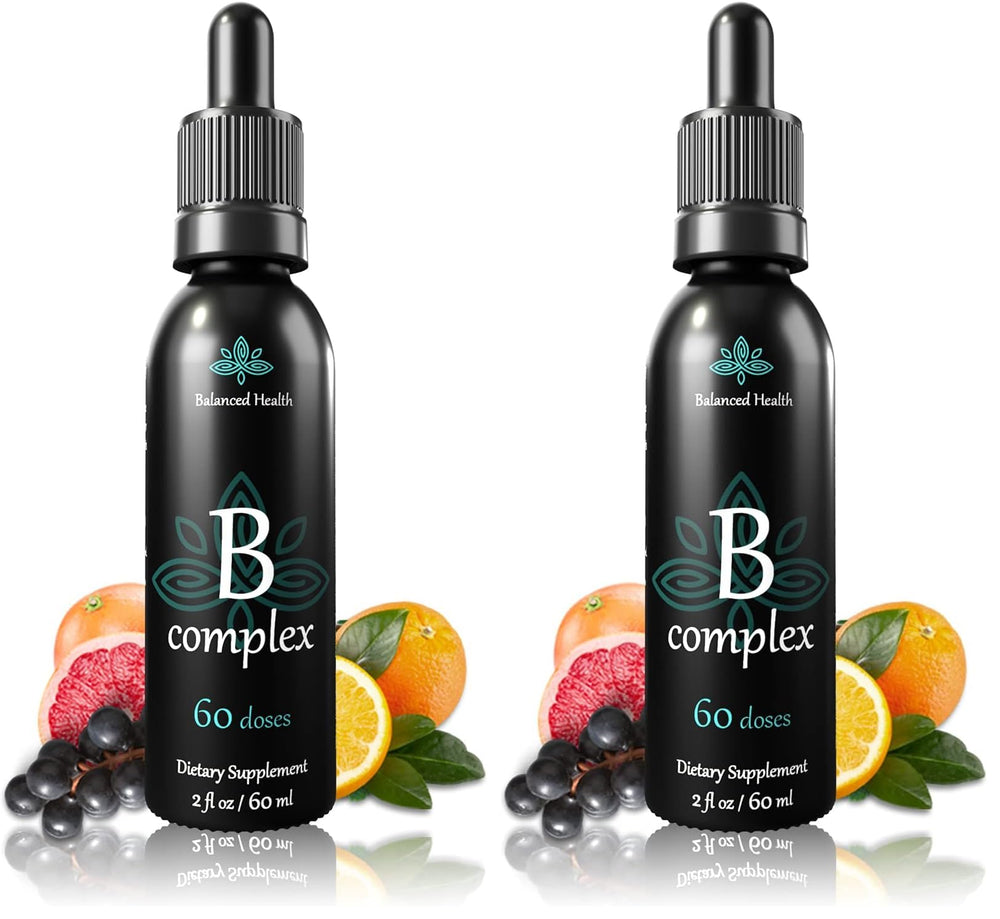 Balanced Health B-Complex Drops bottle front hints at easy daily energy.