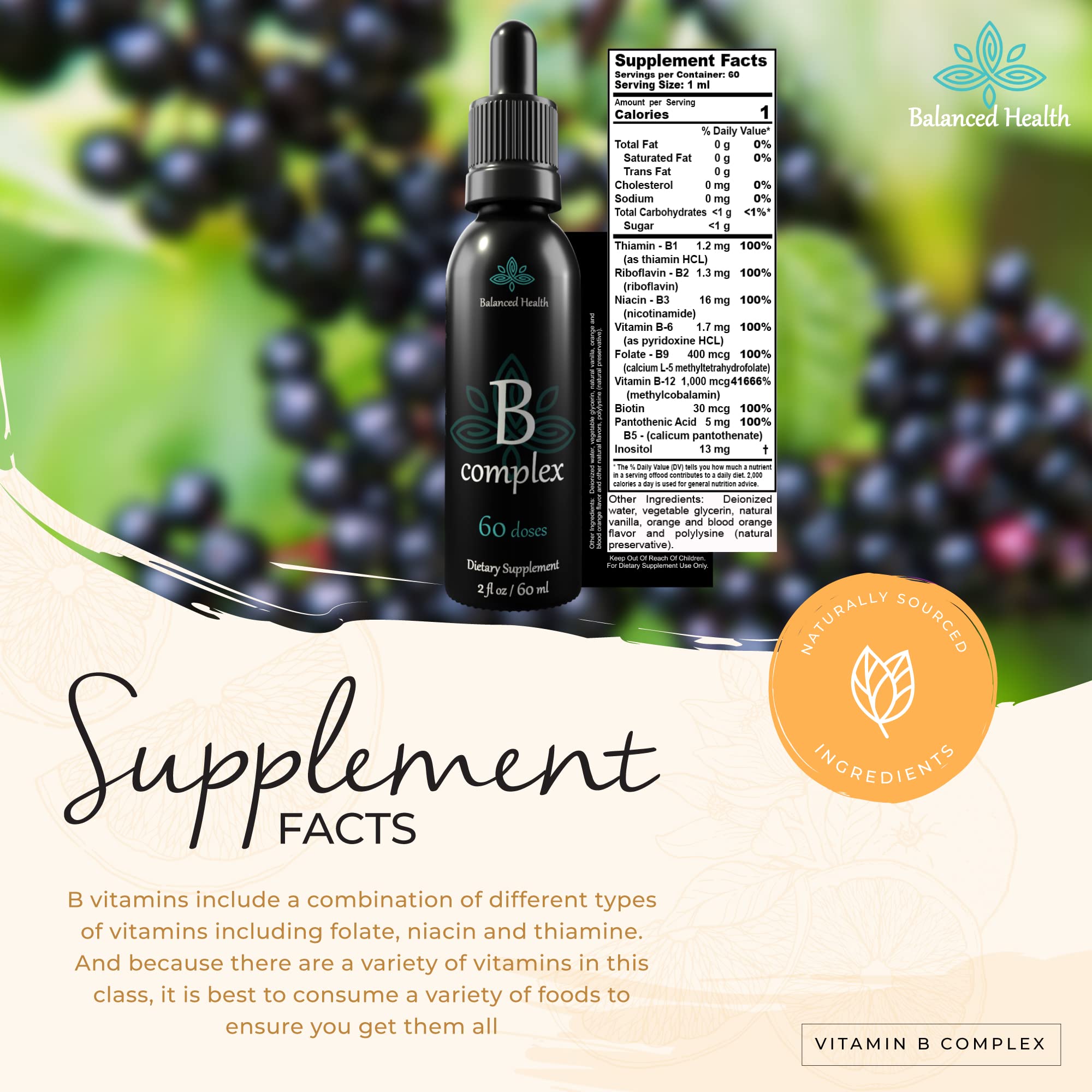 Balanced Health B-Complex Drops made in USA with clean ingredients.