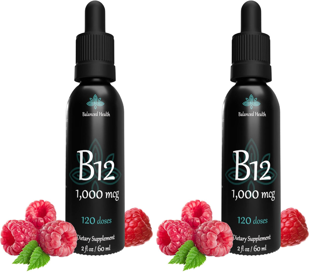 Balanced Health B12 raspberry drops bottle illustrates daily energy support.