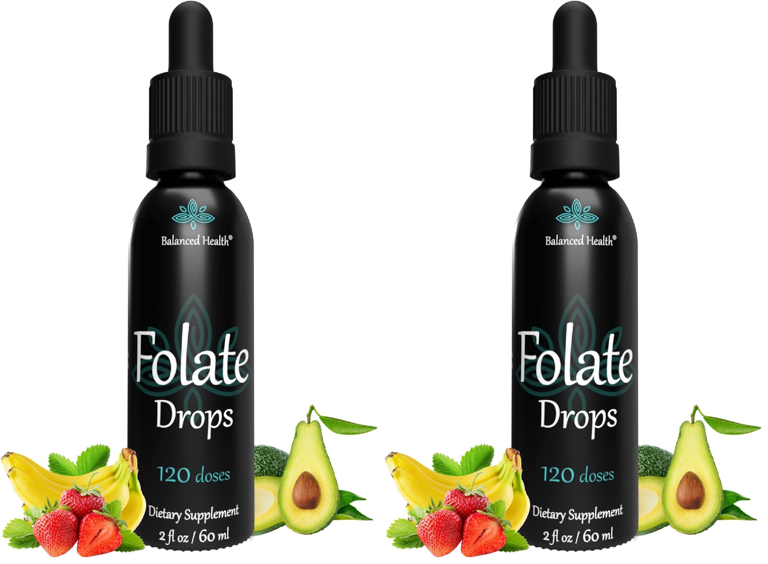 Balanced Health Folate Drops bottle side view supports convenient prenatal folate intake.