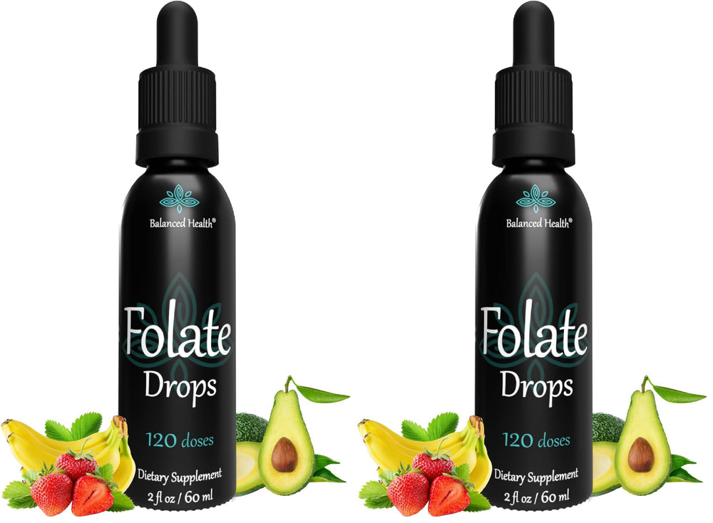 Balanced Health Folate Drops bottle side view supports convenient prenatal folate intake.