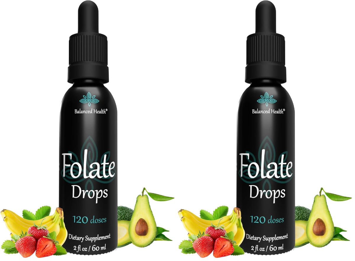 Balanced Health Folate Drops bottle side view supports convenient prenatal folate intake.