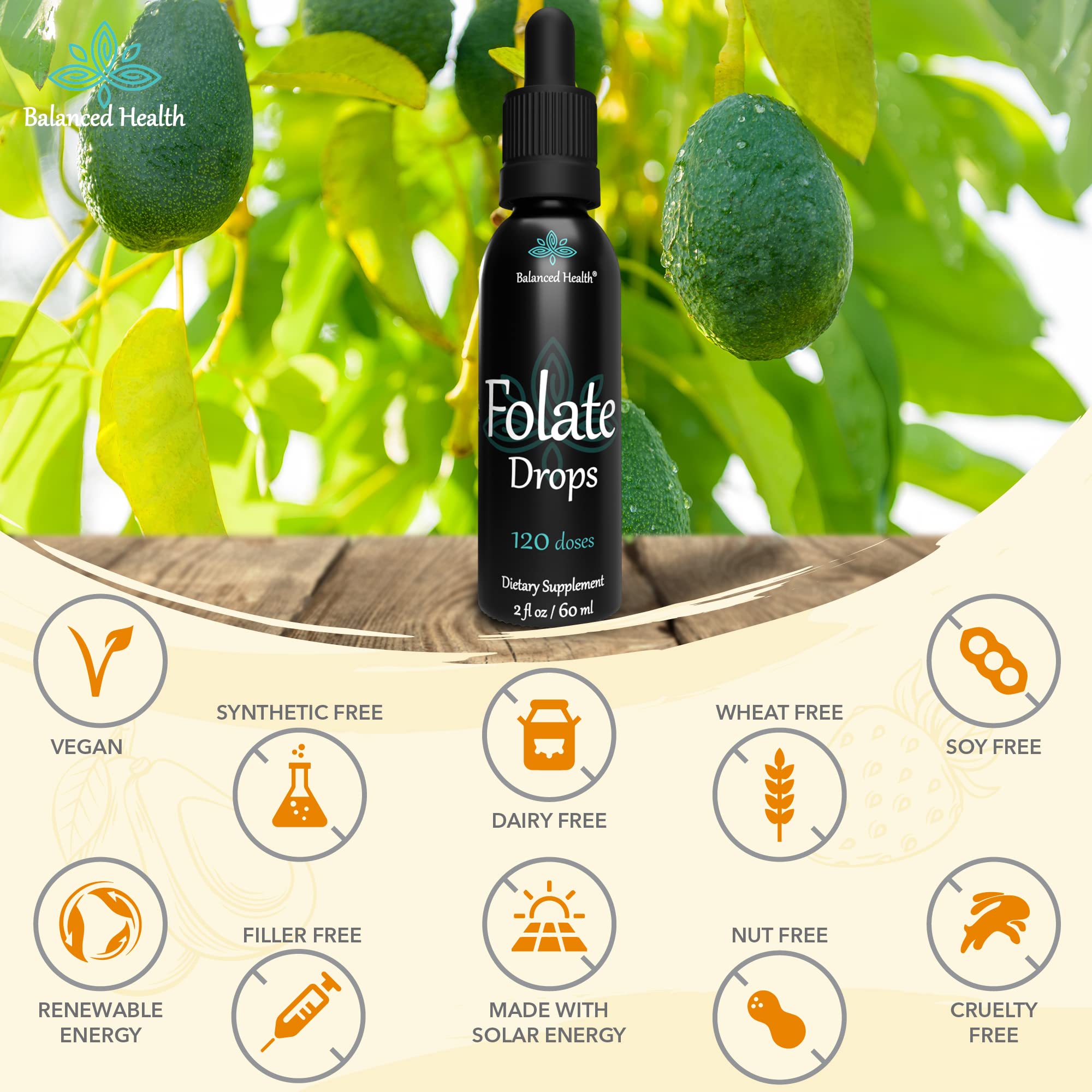 Balanced Health Folate Drops dosing suggestion image implies simple daily routine.