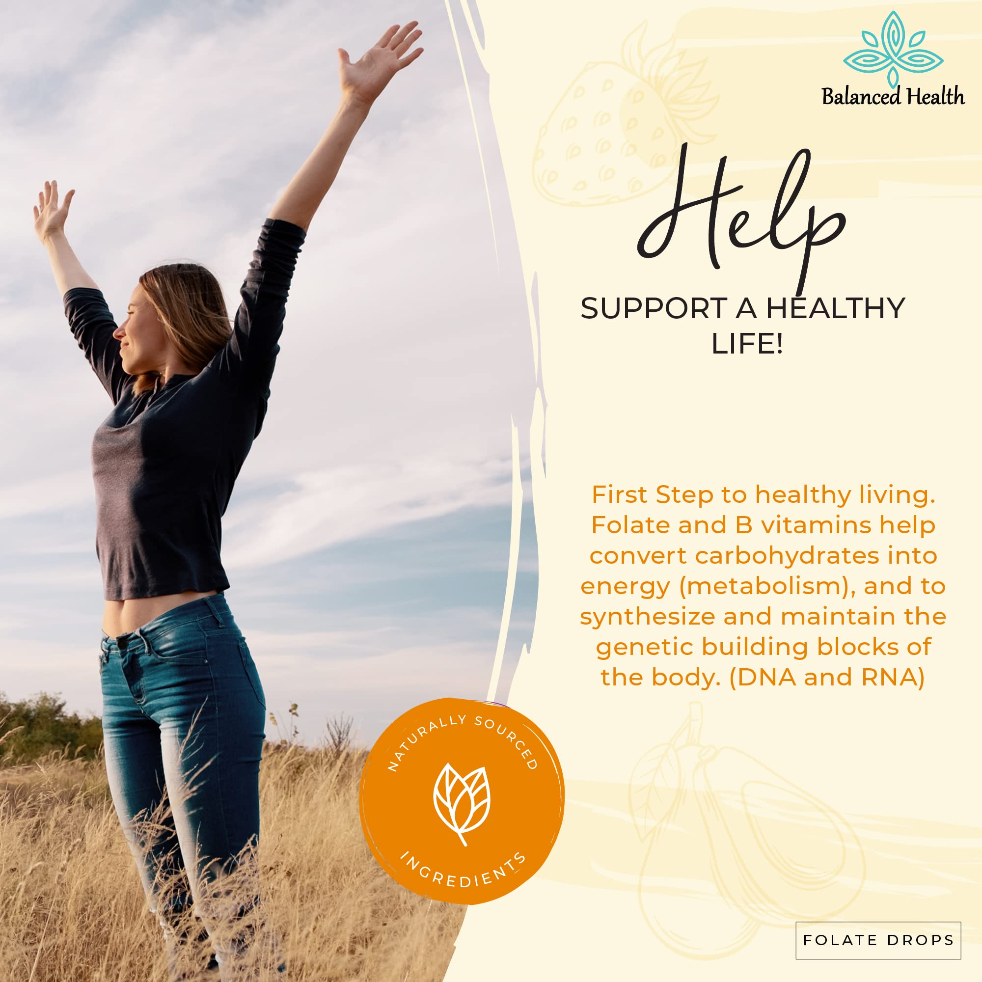 Balanced Health Folate Drops label close-up highlights L-5-MTHF folate and flavor.