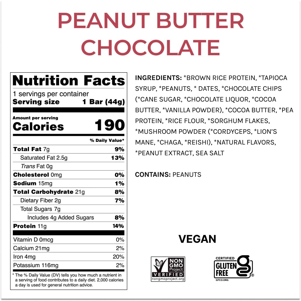 Balanced Tiger bar packaging shows vegan, gluten-free, non-GMO features for clean snacking.