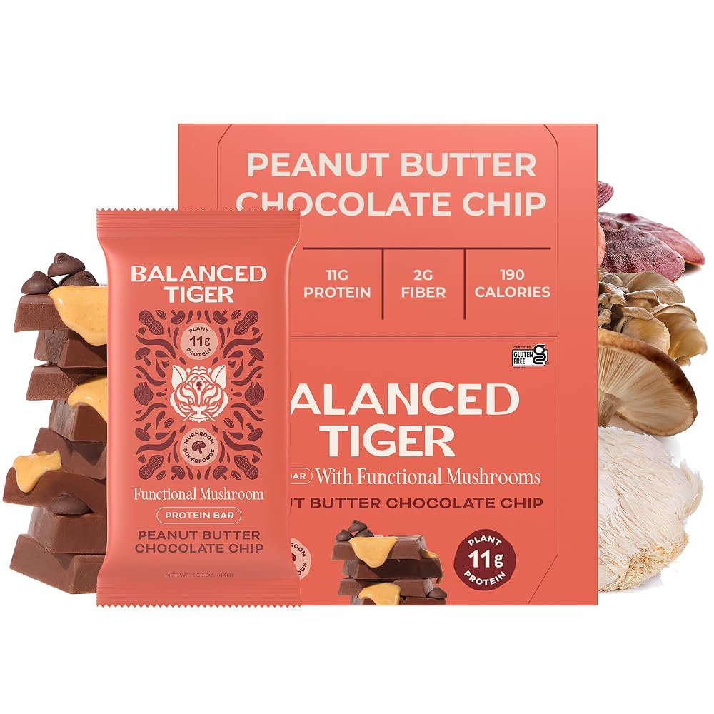 Balanced Tiger peanut butter chocolate bar close-up highlighting 11g plant protein and mushroom blend.