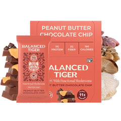 Balanced Tiger peanut butter chocolate bar close-up highlighting 11g plant protein and mushroom blend.