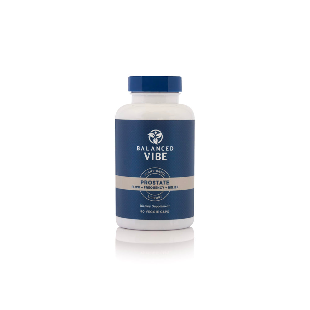 Balanced Vibe Prostate bottle pour supports convenient nightly dosing.