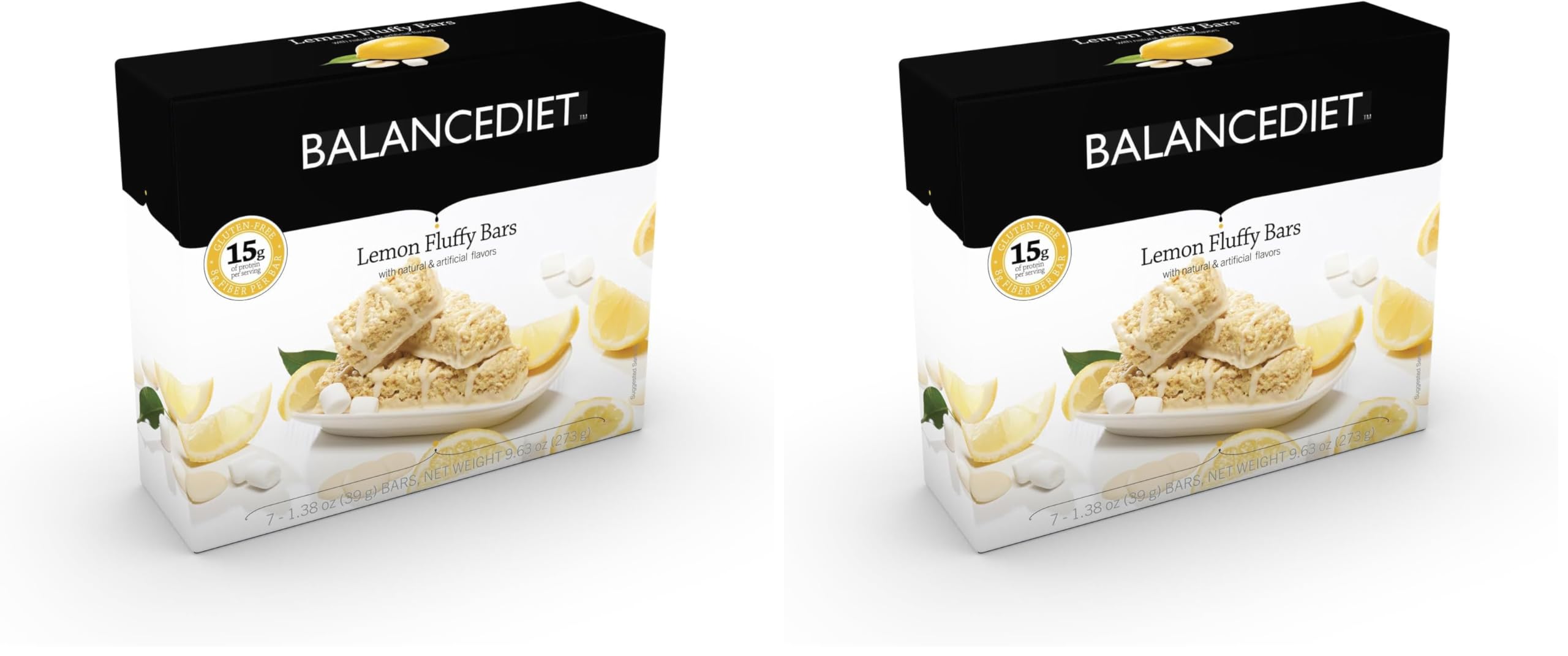 BalanceDiet Lemon Fluffy bar on display front, high-protein snack for between meals.
